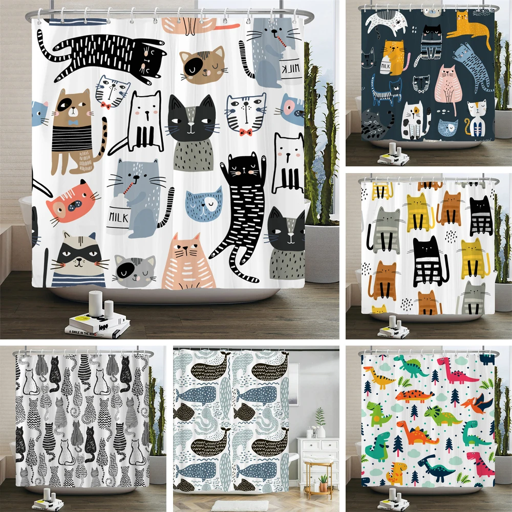 Shower Curtain Liner - Cat Printed Shower Curtain Cartoon animal