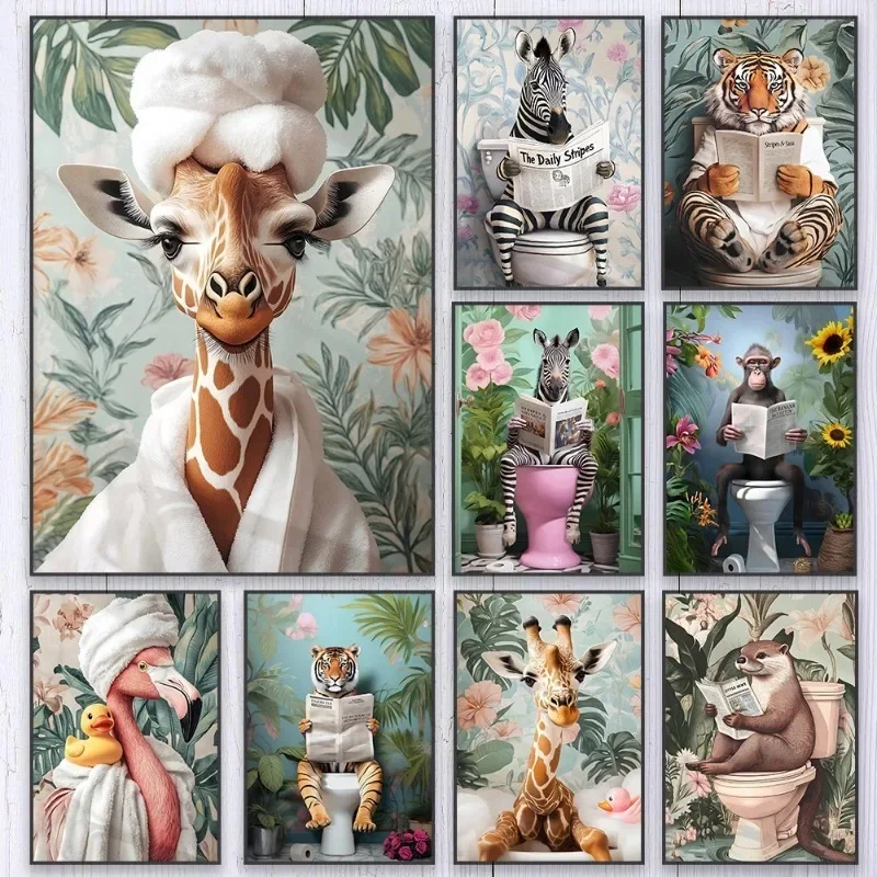 Home Bathroom Wall Decor - Zebra on Toilet Bathroom Poster Giraffe