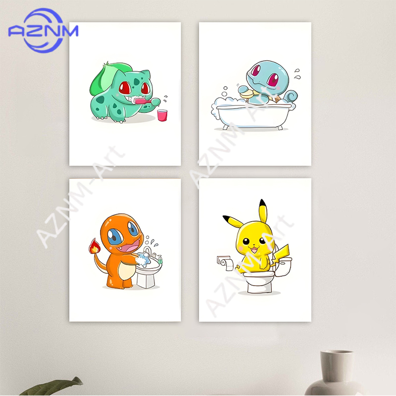 Home Bathroom Wall Decor - Pokemon Cartoon Funny Canvas Painting Pikachu